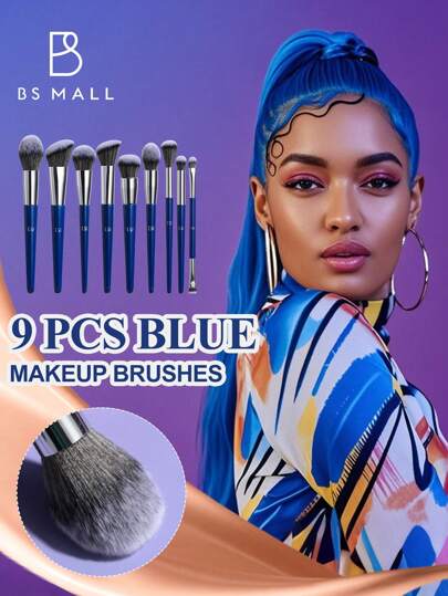 BS-MALL مجموعة فرش الماكياج المؤلفة من 9 قطع ذات النسيج المخمل بالألوان الزرقاء والمرنة من ماركة BS-MALL، مع فرشاة أحمر الخدود وفرشاة أساس وفرشاة بودرة وفرشاة ظلال العيون عالية الجودة وبدون تشوه