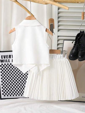 SHEIN طقم سترة بلا أكمام وتنورة مطوية مناسب للفتاة للارتداء في المدرسة والخارج