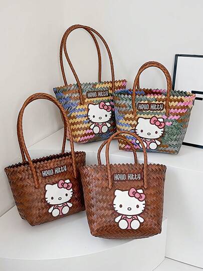 Sanrio حقيبة ساتورو سانريو الكبيرة السعة بنمط هالو كيتي الأنيق للنساء ، حقيبة كتف للتنقل والخروج , حقيبة دلو مناسبة للصيف والعطلات ، حقيبة قش ، حقيبة شاطئ ، مستلزمات الشاطئ، حقيبة قش، حقيبة عطلات للصيف، ضروريات السفر لشاطئ النساء