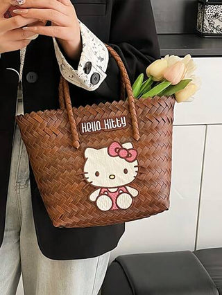 Sanrio حقيبة ساتورو سانريو الكبيرة السعة بنمط هالو كيتي الأنيق للنساء ، حقيبة كتف للتنقل والخروج , حقيبة دلو مناسبة للصيف والعطلات ، حقيبة قش ، حقيبة شاطئ ، مستلزمات الشاطئ، حقيبة قش، حقيبة عطلات للصيف، ضروريات السفر لشاطئ النساء