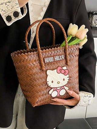 Sanrio حقيبة ساتورو سانريو الكبيرة السعة بنمط هالو كيتي الأنيق للنساء ، حقيبة كتف للتنقل والخروج , حقيبة دلو مناسبة للصيف والعطلات ، حقيبة قش ، حقيبة شاطئ ، مستلزمات الشاطئ، حقيبة قش، حقيبة عطلات للصيف، ضروريات السفر لشاطئ النساء