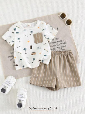 Cozy Pixies مجموعة من 2 قطعة ملابس علوية وشورت للأطفال الرضع بناتي برسومات حيوانات كرتونية، قطن ناعم ياقة مطوية وأكمام قصيرة، وشورتات ذات خصر مطاطي