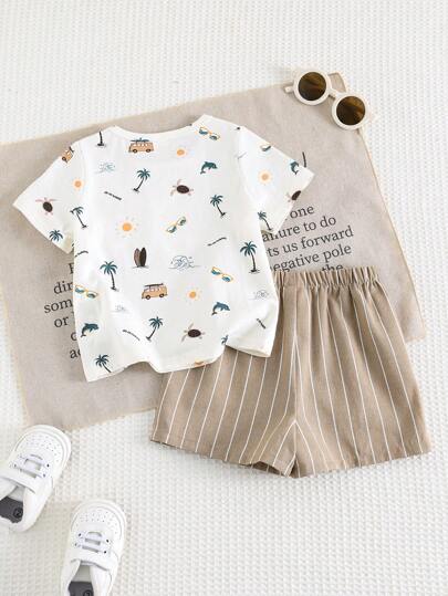 Cozy Pixies مجموعة من 2 قطعة ملابس علوية وشورت للأطفال الرضع بناتي برسومات حيوانات كرتونية، قطن ناعم ياقة مطوية وأكمام قصيرة، وشورتات ذات خصر مطاطي