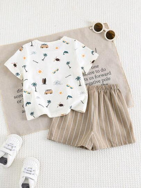 Cozy Pixies مجموعة من 2 قطعة ملابس علوية وشورت للأطفال الرضع بناتي برسومات حيوانات كرتونية، قطن ناعم ياقة مطوية وأكمام قصيرة، وشورتات ذات خصر مطاطي