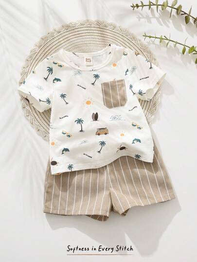 Cozy Pixies مجموعة من 2 قطعة ملابس علوية وشورت للأطفال الرضع بناتي برسومات حيوانات كرتونية، قطن ناعم ياقة مطوية وأكمام قصيرة، وشورتات ذات خصر مطاطي