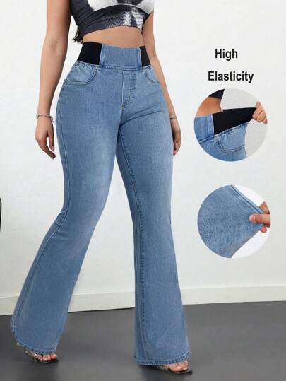 Tall سراويل جينز كاجوال للنساء سكيني مطاطي متسع الجزء السفلي ، جينز أزرق سكيني ذو خصر عالي متسع الأرجل ، جينز مناسب للنساء الطويلات في الصيف