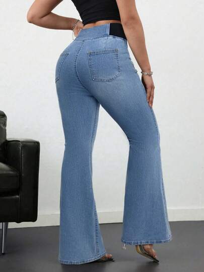 Tall سراويل جينز كاجوال للنساء سكيني مطاطي متسع الجزء السفلي ، جينز أزرق سكيني ذو خصر عالي متسع الأرجل ، جينز مناسب للنساء الطويلات في الصيف