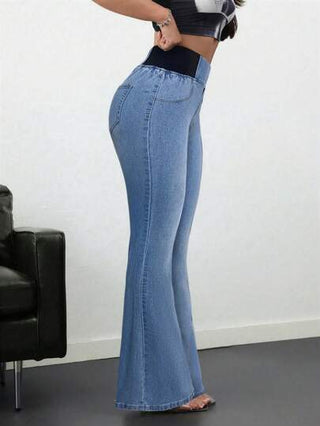 Tall سراويل جينز كاجوال للنساء سكيني مطاطي متسع الجزء السفلي ، جينز أزرق سكيني ذو خصر عالي متسع الأرجل ، جينز مناسب للنساء الطويلات في الصيف