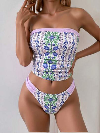 طقم تانكيني حريمي Swim Vcay مجموعة من قطعتين لملابس نساء الشاطئ، بتصميم ألوان المكتلة مع طبعة زهور على ملابس علوية التانكيني وسيت بيكيني كيوت
