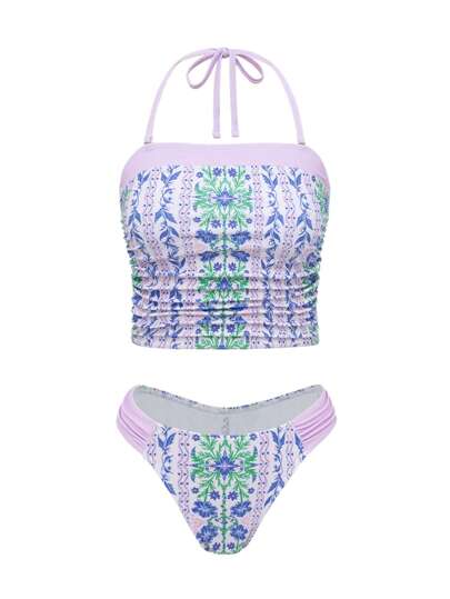 طقم تانكيني حريمي Swim Vcay مجموعة من قطعتين لملابس نساء الشاطئ، بتصميم ألوان المكتلة مع طبعة زهور على ملابس علوية التانكيني وسيت بيكيني كيوت
