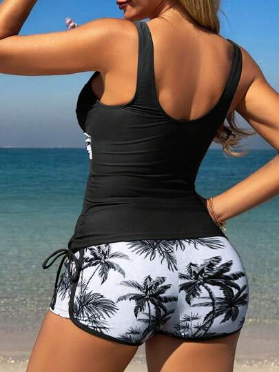 طقم تانكيني حريمي Swim Lushoire بيكيني سباحة نسائي مطبوع بطبعات نباتات استوائية عادي، يشمل فوط كاميسول، لعطلة الربيع والشاطئ