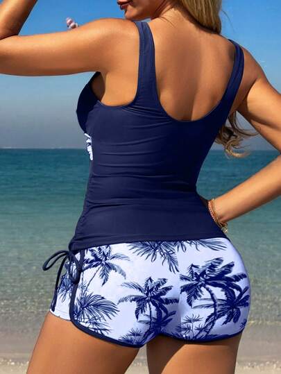 طقم تانكيني حريمي Swim Lushoire بيكيني بحر مطبوع بنقشات النباتات الاستوائية، أربطة خيطية، قصير ، مريح، للنساء في إجازات الربيع
