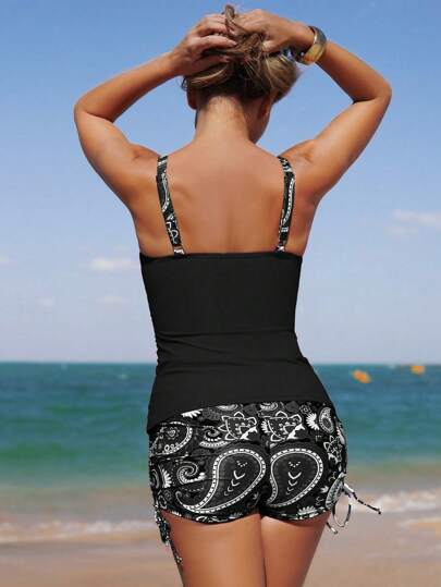 طقم تانكيني حريمي Swim Lushoire بكيني بيكيني بتصميم بيجامي مع شورت طويل للحماية مع طبعة باذنجاني مريح للاستخدام في البحر