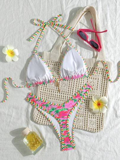 Swim Mod مجموعة إجازة الربيع: 2 قطعة - ملابس علوية فستان أخضر وأسود مطبوع بزهرة ذهبية واعلى و بكيني بوهيمي مرتفع الخصر