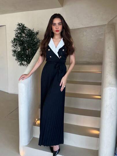 Modelyn بدلة نسائية أنيقة كنزة متجعدة مناسبة للمواصلات الصيفية، أبيض وأسود عصرية