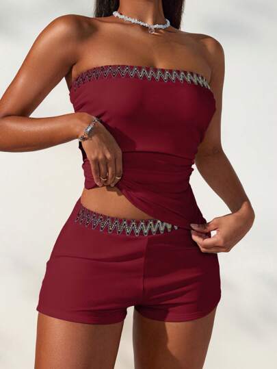 طقم تانكيني حريمي Swim Basics طقم شاطئ مصنوع من القماش المنسوج لازالة منطقة البطن للسيدات، ملابس علوية وشورت