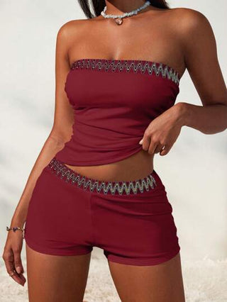طقم تانكيني حريمي Swim Basics طقم شاطئ مصنوع من القماش المنسوج لازالة منطقة البطن للسيدات، ملابس علوية وشورت
