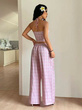 PETITE طقم للنساء يتكون من كامي بحمالات سباغيتي بنقشة المربعات، وبنطلون مستقيم فضفاض، مناسب للربيع والصيف