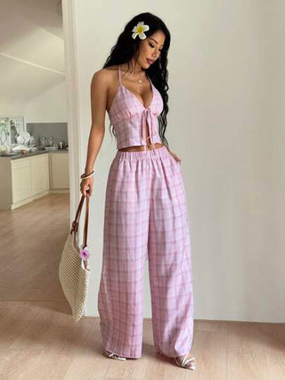 PETITE طقم للنساء يتكون من كامي بحمالات سباغيتي بنقشة المربعات، وبنطلون مستقيم فضفاض، مناسب للربيع والصيف