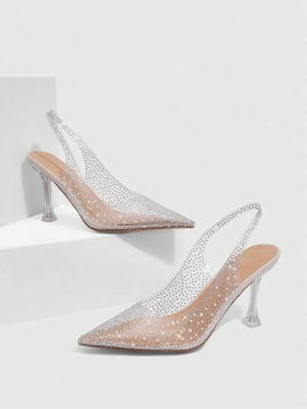 SHEIN X Belle Mariano CUCCOO SZL أحذية نسائية بكعب عالٍ مطعمة بالراين كاملة، ذات تصميم نقطي من البلاستيك الشفاف اللون البرتقالي بحزام وإبزيم، مناسبة للذهاب إلى العمل والمواعدة وحفلات الزفاف والمناسبات