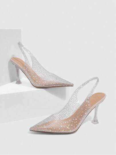 SHEIN X Belle Mariano CUCCOO SZL أحذية نسائية بكعب عالٍ مطعمة بالراين كاملة، ذات تصميم نقطي من البلاستيك الشفاف اللون البرتقالي بحزام وإبزيم، مناسبة للذهاب إلى العمل والمواعدة وحفلات الزفاف والمناسبات