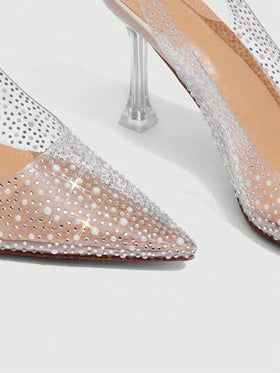 SHEIN X Belle Mariano CUCCOO SZL أحذية نسائية بكعب عالٍ مطعمة بالراين كاملة، ذات تصميم نقطي من البلاستيك الشفاف اللون البرتقالي بحزام وإبزيم، مناسبة للذهاب إلى العمل والمواعدة وحفلات الزفاف والمناسبات