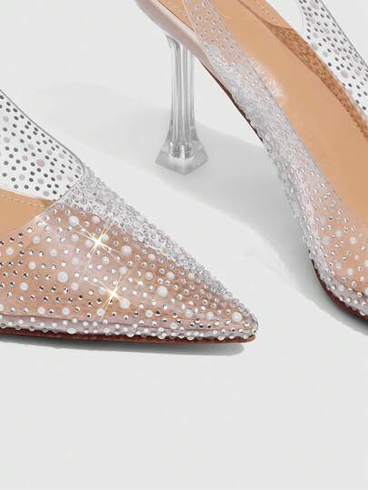 SHEIN X Belle Mariano CUCCOO SZL أحذية نسائية بكعب عالٍ مطعمة بالراين كاملة، ذات تصميم نقطي من البلاستيك الشفاف اللون البرتقالي بحزام وإبزيم، مناسبة للذهاب إلى العمل والمواعدة وحفلات الزفاف والمناسبات