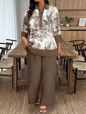 EMERY ROSE مجموعة 2 قطعة بدلة من قميص وبنطال بحجم كبير، لون داكن متناسق قطع ملاصقة، إغلاق أمامي بأزرار، طباعة عشوائية
