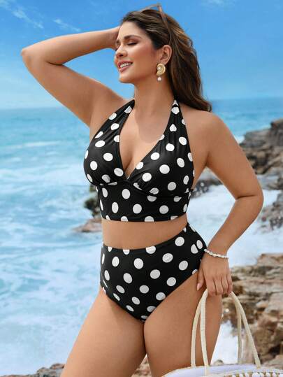 Swim Lushoire طقم تانكيني نسائي كبير الحجم ذو رقبة على شكل V مطبوع بنقاط دائرية مربوط برباط ملابس علوية مع طيات وبطانة سفلية مطبوعة، مناسب للاستخدام اليومي العادي و في الأجازات الشاطئية