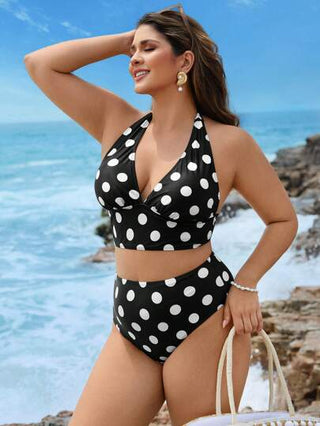 Swim Lushoire طقم تانكيني نسائي كبير الحجم ذو رقبة على شكل V مطبوع بنقاط دائرية مربوط برباط ملابس علوية مع طيات وبطانة سفلية مطبوعة، مناسب للاستخدام اليومي العادي و في الأجازات الشاطئية