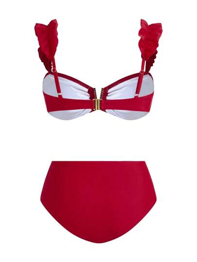 Swim Oasis طقم بكيني مخطط ذو طيات لإمرأة مع إضافة تنورة وغطاء، بدلة السباحة ثلاثية القطع، صيفية للشاطئ