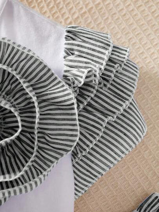 girls-sets إطلالة كاجوال من ملابس علوية قصيرة الأكمام مخطط وبنطال مخطط مصنوعة من الأنسجة المحبوكة للبنات المراهقات