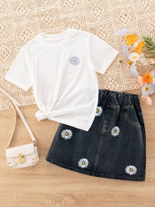 girls-sets طقم فستان وتي شيرت قصير الأكمام بطباعة زهور الأقحوان مناسب للفتيات المراهقات، مجموعة كاجوال قطعتين
