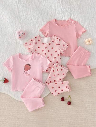 SHEIN 6 قطعة/طقم لملابس الطفل الرضيع البنات الكرتونية الحلوة بطبعة الفراولة مع طوق مطرز أكمام قصيرة وبنطلون، بدلة بيجامة مريحة وكاجوال