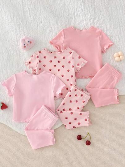 SHEIN 6 قطعة/طقم لملابس الطفل الرضيع البنات الكرتونية الحلوة بطبعة الفراولة مع طوق مطرز أكمام قصيرة وبنطلون، بدلة بيجامة مريحة وكاجوال