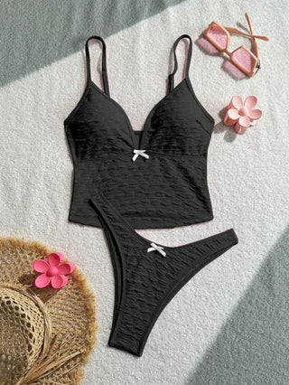 طقم تانكيني حريمي Swim Mod مجموعة بدلة السباحة للنساء موسم الربيع - وردي فاتح، قطعتين، ملائمة للعطلات والأحتفالات، من القماش الشيفون البطي المجعد المزينة بالفيونكة، قابلة للتعديل