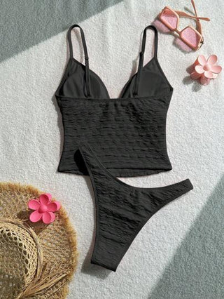 طقم تانكيني حريمي Swim Mod مجموعة بدلة السباحة للنساء موسم الربيع - وردي فاتح، قطعتين، ملائمة للعطلات والأحتفالات، من القماش الشيفون البطي المجعد المزينة بالفيونكة، قابلة للتعديل