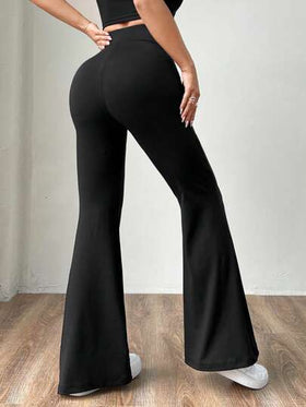 SHEIN EZwear سروال نسائي أسود مضلع جديد وأنيق متعدد الاستخدامات بطرف واسع