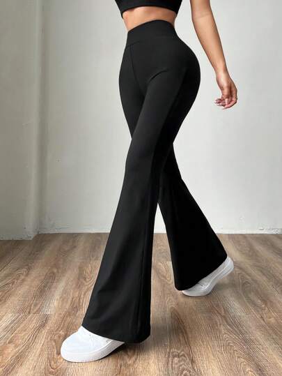 SHEIN EZwear سروال نسائي أسود مضلع جديد وأنيق متعدد الاستخدامات بطرف واسع