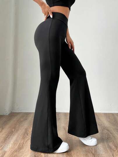 SHEIN EZwear سروال نسائي أسود مضلع جديد وأنيق متعدد الاستخدامات بطرف واسع