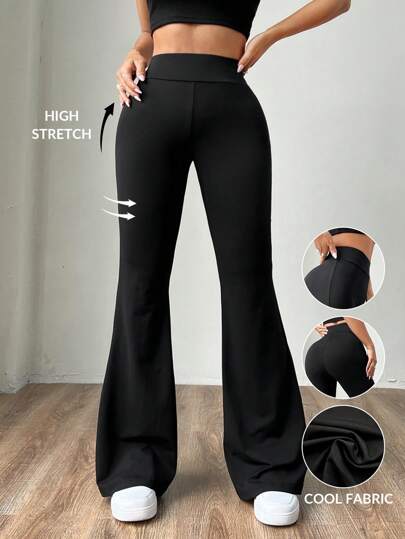 SHEIN EZwear سروال نسائي أسود مضلع جديد وأنيق متعدد الاستخدامات بطرف واسع