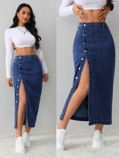 SHEIN Tall تنورة جينز نسائية كاجوال فضفاضة بشق جانبي، تنورة متوسطة الطول باللون الأزرق الفاتح، ملائمة للنساء الطويلات، تنورة زرقاء شتوية للنساء