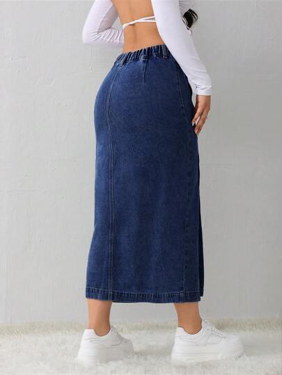 SHEIN Tall تنورة جينز نسائية كاجوال فضفاضة بشق جانبي، تنورة متوسطة الطول باللون الأزرق الفاتح، ملائمة للنساء الطويلات، تنورة زرقاء شتوية للنساء