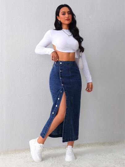 SHEIN Tall تنورة جينز نسائية كاجوال فضفاضة بشق جانبي، تنورة متوسطة الطول باللون الأزرق الفاتح، ملائمة للنساء الطويلات، تنورة زرقاء شتوية للنساء