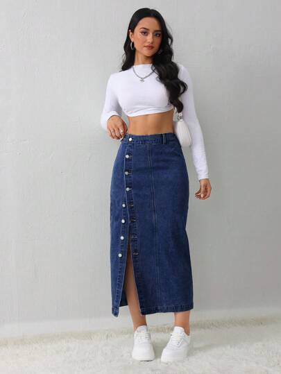SHEIN Tall تنورة جينز نسائية كاجوال فضفاضة بشق جانبي، تنورة متوسطة الطول باللون الأزرق الفاتح، ملائمة للنساء الطويلات، تنورة زرقاء شتوية للنساء