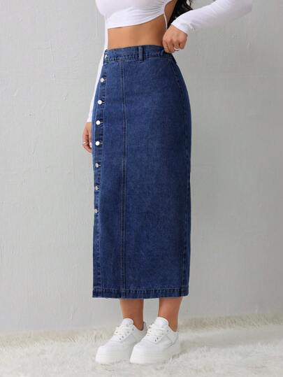 SHEIN Tall تنورة جينز نسائية كاجوال فضفاضة بشق جانبي، تنورة متوسطة الطول باللون الأزرق الفاتح، ملائمة للنساء الطويلات، تنورة زرقاء شتوية للنساء