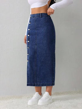 SHEIN Tall تنورة جينز نسائية كاجوال فضفاضة بشق جانبي، تنورة متوسطة الطول باللون الأزرق الفاتح، ملائمة للنساء الطويلات، تنورة زرقاء شتوية للنساء