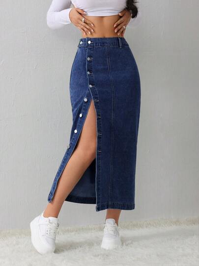 SHEIN Tall تنورة جينز نسائية كاجوال فضفاضة بشق جانبي، تنورة متوسطة الطول باللون الأزرق الفاتح، ملائمة للنساء الطويلات، تنورة زرقاء شتوية للنساء