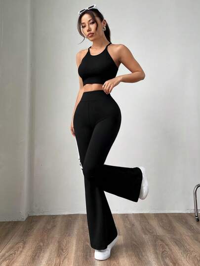 SHEIN EZwear سروال نسائي أسود مضلع جديد وأنيق متعدد الاستخدامات بطرف واسع