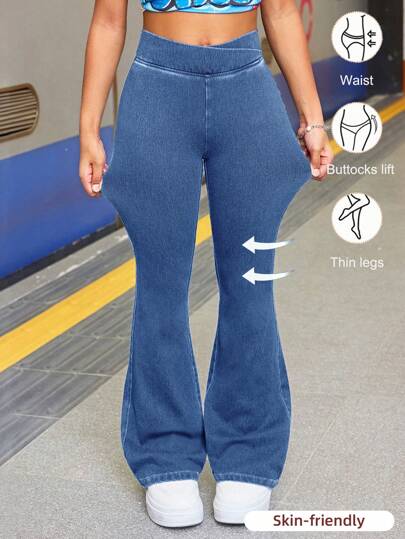 SHEIN بنطلون جينز أزرق كاجوال للفتيات المراهقات، مرن وضيق ومنفرج، ملائم للارتداء اليومي والأنشطة الرياضية، مناسب للاستخدام على مدار السنة